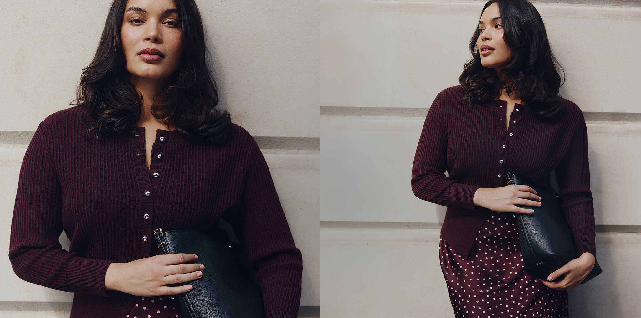 Model wears dark berry coloured cardigan