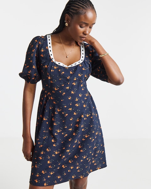 Black Floral Waist Detail Skater Dress With Ribbon Trim