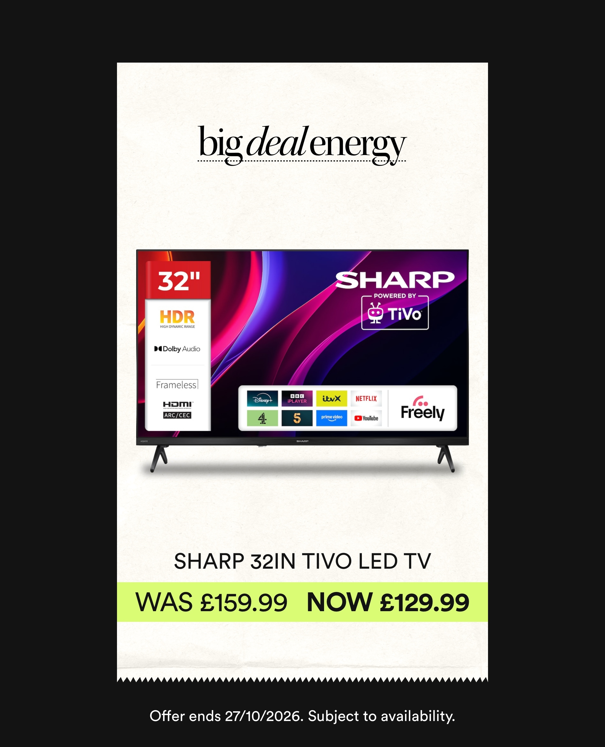 Sharp 32in Tivo LED TV Was £159.99 Now £129.99