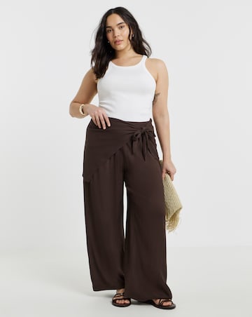 Simply Be Chocolate Crinkle Tie Waist Overlay Wide Leg Trouser