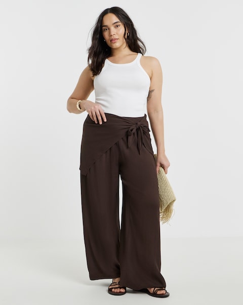 Simply Be Chocolate Crinkle Scarf Detail Wide Leg Trouser