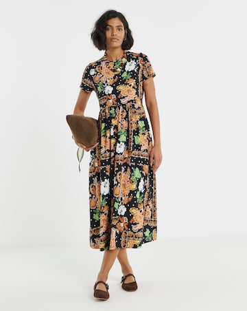 Simply Be Black Scarf Print Jersey Midi Dress With Pockets