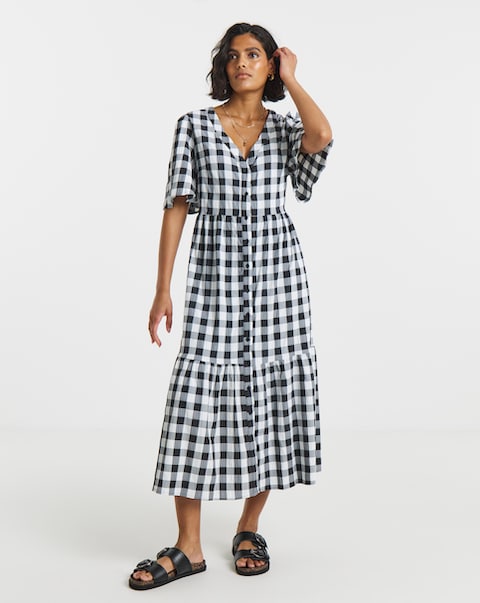 Simply Be Mono Check Gingham Button Up Midi Dress