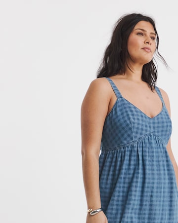 Blue Gingham Sleeveless Denim Midi Dress