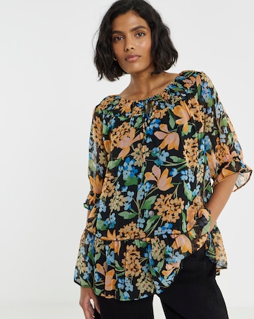Simply Be Floral Print Shirred Neckline Short Sleeve Blouse