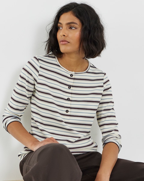 Simply Be Ecru Stripe Henley Long Sleeve Top