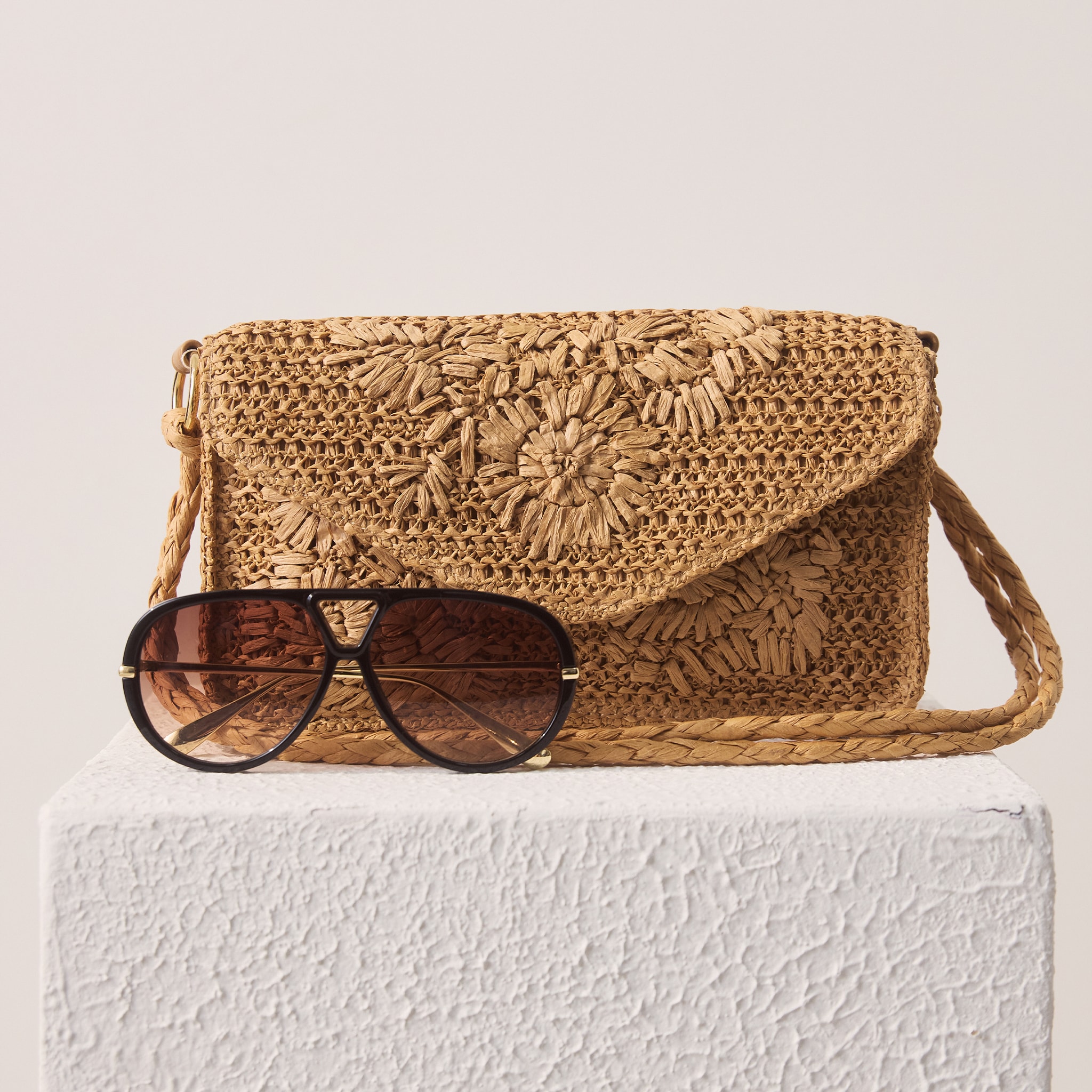 dark brown bag and glasses 