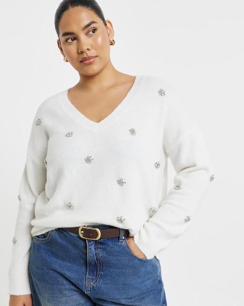 Diamante Embellished V-Neck Jumper