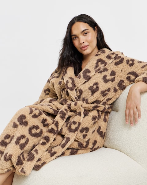 Leopard Teddy Fleece Hooded Dressing Gown