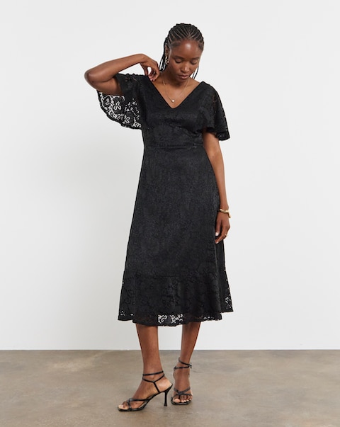 Joanna Hope Black Angel Sleeve Stretch Lace Midi Dress