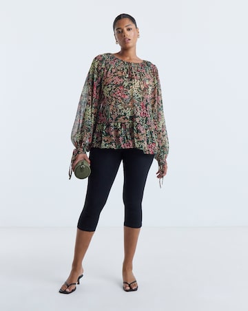 Simply Be Green Ditsy Print Shirred Neckline Long Sleeve Blouse