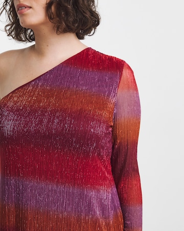 Multi Ombre Stripe Pleated Glitter Mesh One Shoulder Maxi Column Dress