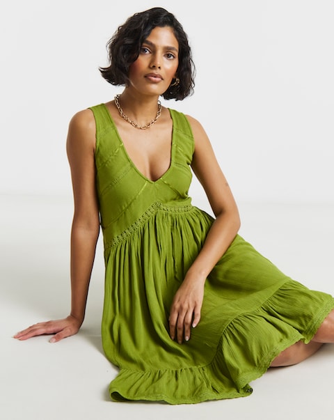 Olive Green Crinkle Smock Dress With Ladder Trim