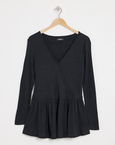 Black Ribbed Soft Touch Mock Wrap Top