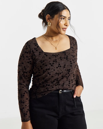Simply Be Chocolate Floral Flocked Mesh Square Neck Top