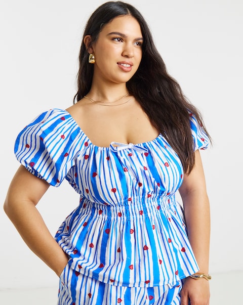 Blue Stripe Embroidered Top