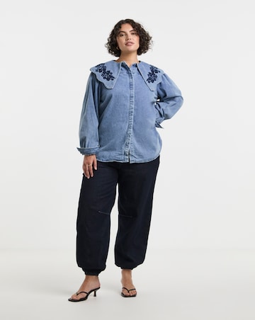 Mid Wash Puff Sleeve Denim Blouse with Embroidered Collar