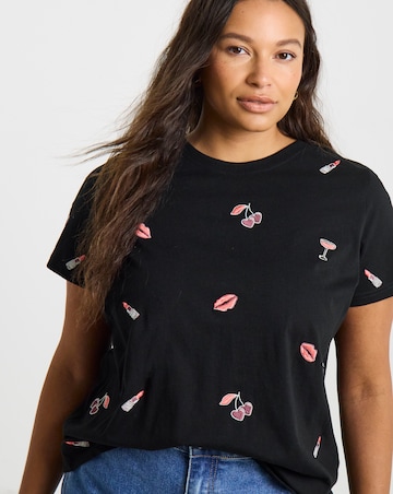 Simply Be Black Scattered Embroidered T-Shirt