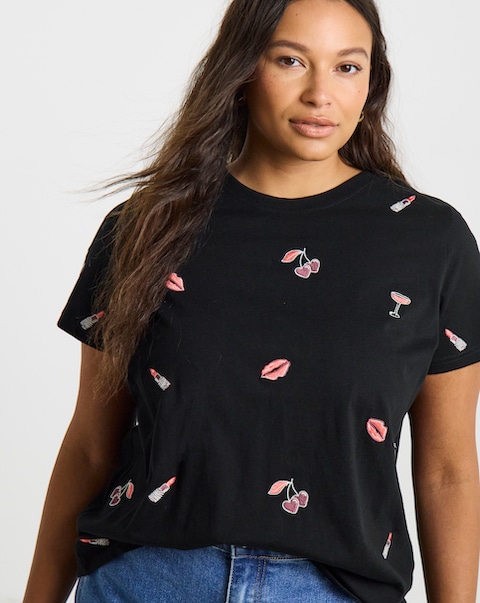 Simply Be Black Scattered Embroidered T-Shirt