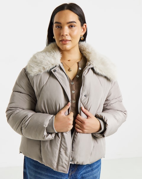 Faux Fur Collar Taupe Short Padded Coat