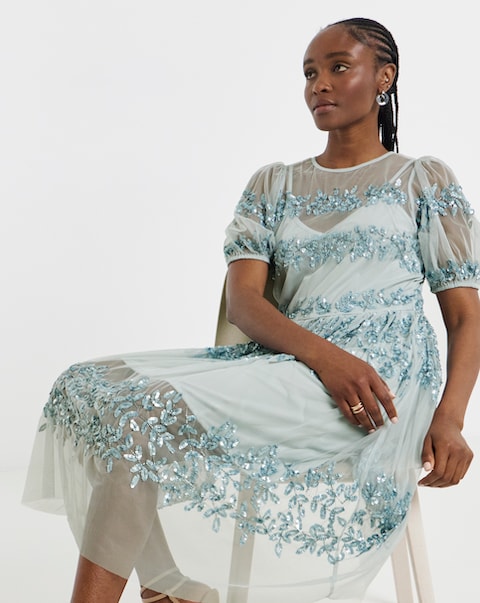 Maya Curve Puff Sleeve Stripe Sequin Embellished Tulle Midi Dress