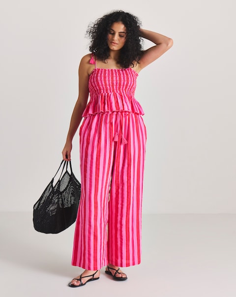 Pink Stripe Cotton Shirred Beach Top and Trouser Co-Ord Set