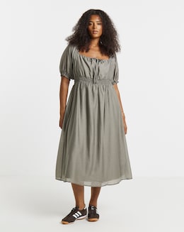 Simply Be Sage Shirred Milkmaid Midi Dress - Image