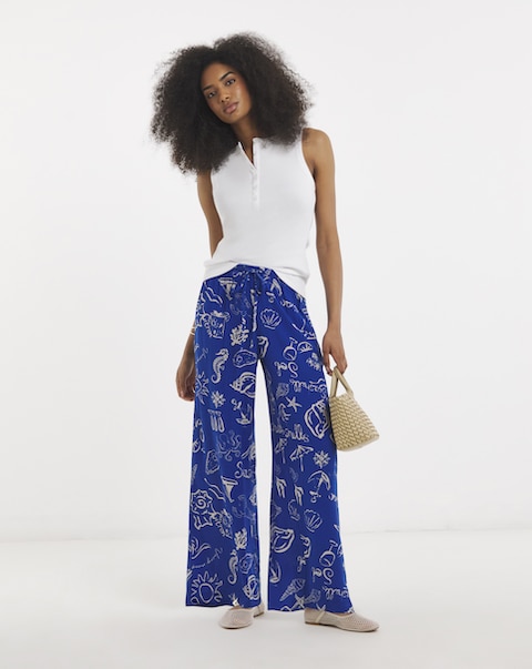 Simply Be Blue Shell Print Wide Leg Crinkle Trouser