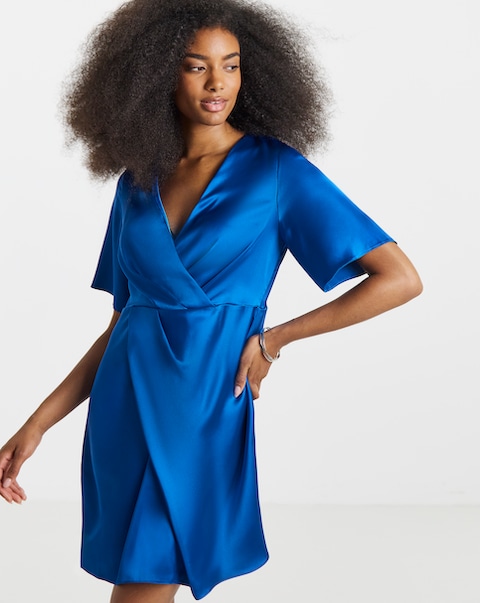 Cobalt Satin Wrap Front Dress