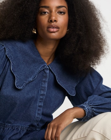 Simply Be Mid Blue Denim Scalloped Collar Peplum Blouse