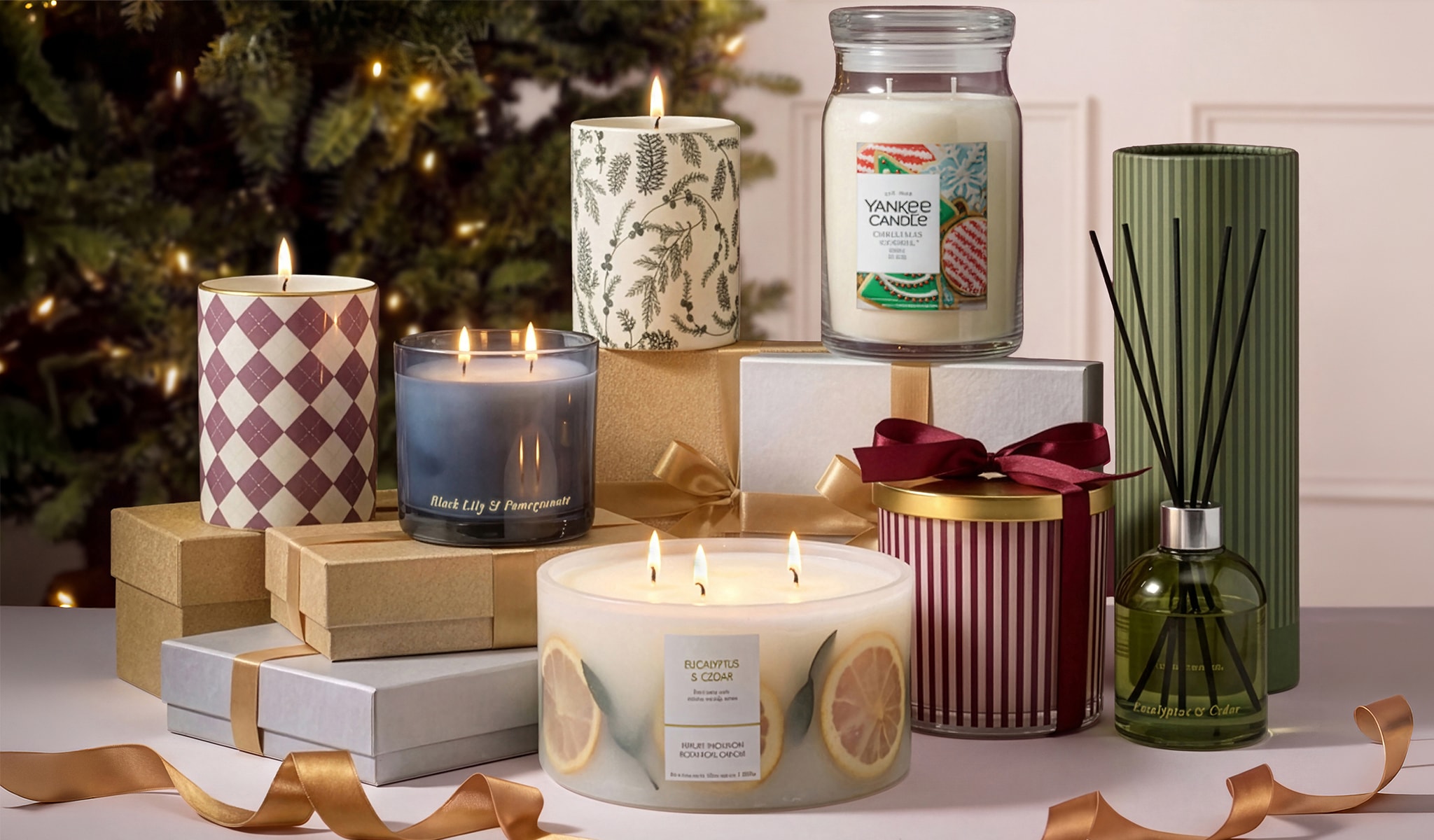 Selection of gifts including candles and incense