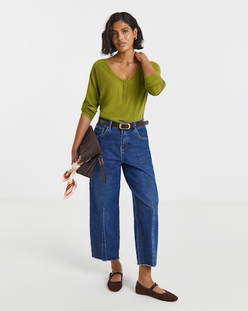 Simply Be Olive Ribbed Lace Long Sleeve Henley Top