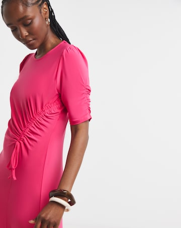 Pink Ruched Sleeve Midi Dress