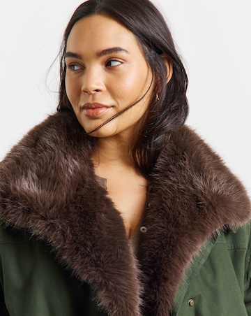Dark Green Faux Fur Collar Parka Jacket