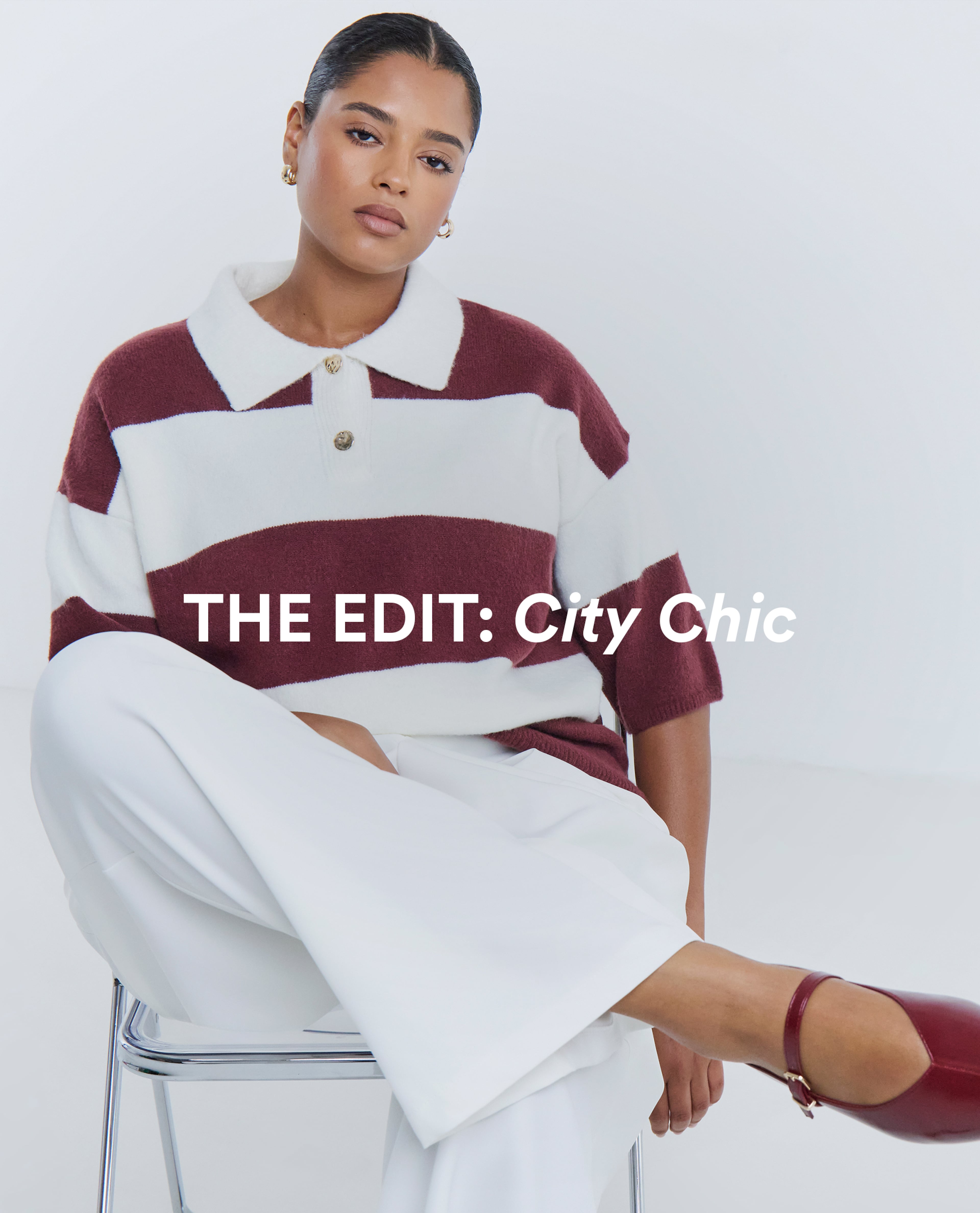 Model wears new season striped top and white trousers