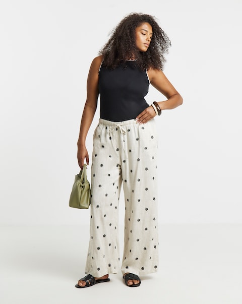 Simply Be Daisy Embroidered Linen Mix Wide Leg Trouser