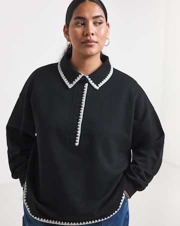 Simply Be Black Whipstitch Long Sleeve Polo Sweatshirt