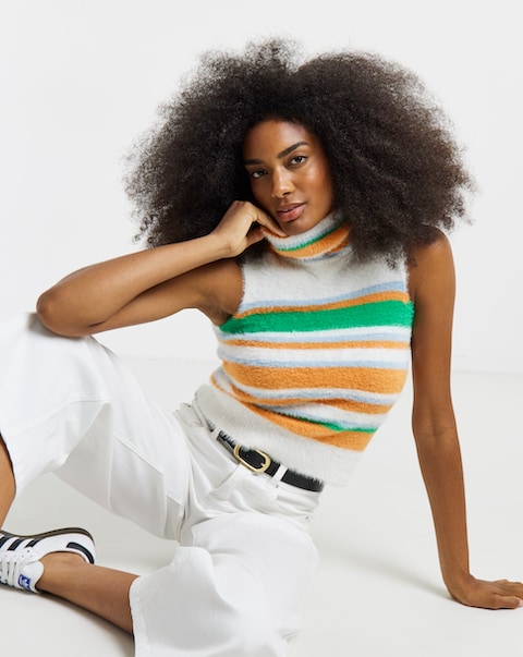 Native Youth Fluffy Roll Neck Stripe Vest