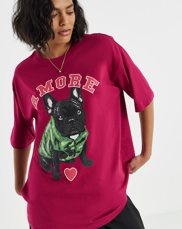 Simply Be Aubergine Dog Oversized Graphic T-Shirt