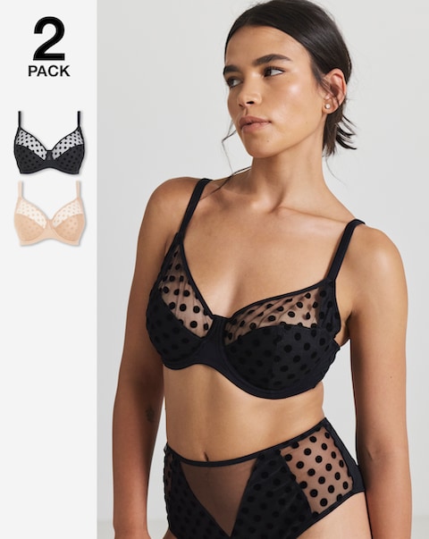 Pretty Secrets (2 Pack) Hannah Spot Full Cup Wired Bras (B-G) Black/Almond