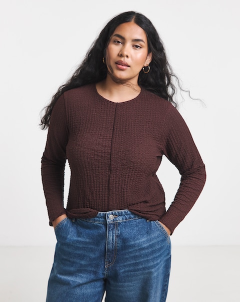 Simply Be Chocolate Crew Neck Long Sleeve Seam Detail Textured Top