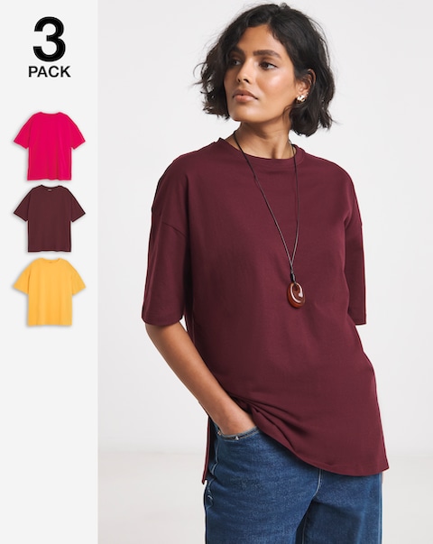 Simply Be Pink, Burgundy & Yellow 3 Pack Boyfriend T-Shirts