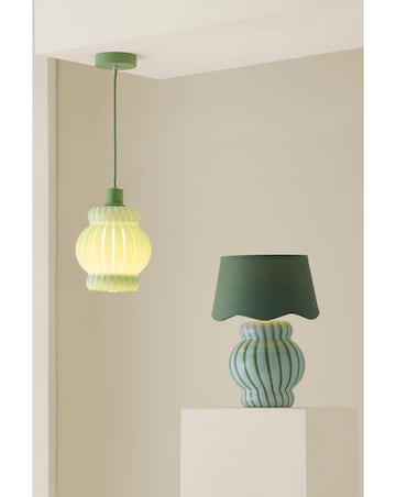 ValueLights Taffy Green Stripe Glass Table Lamp with Scallop Shade
