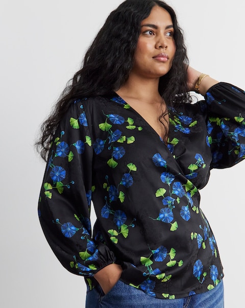 Joanna Hope Floral Satin Wrap Blouse