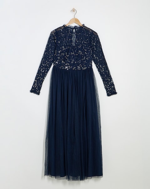 Maya Curve Tulle Linear Sequin Embellished Maxi