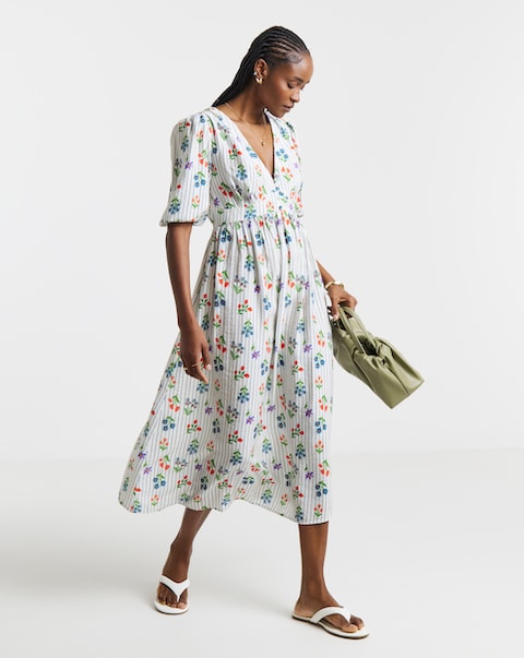 Floral And Stripe Print Waist Detail Midi Dress