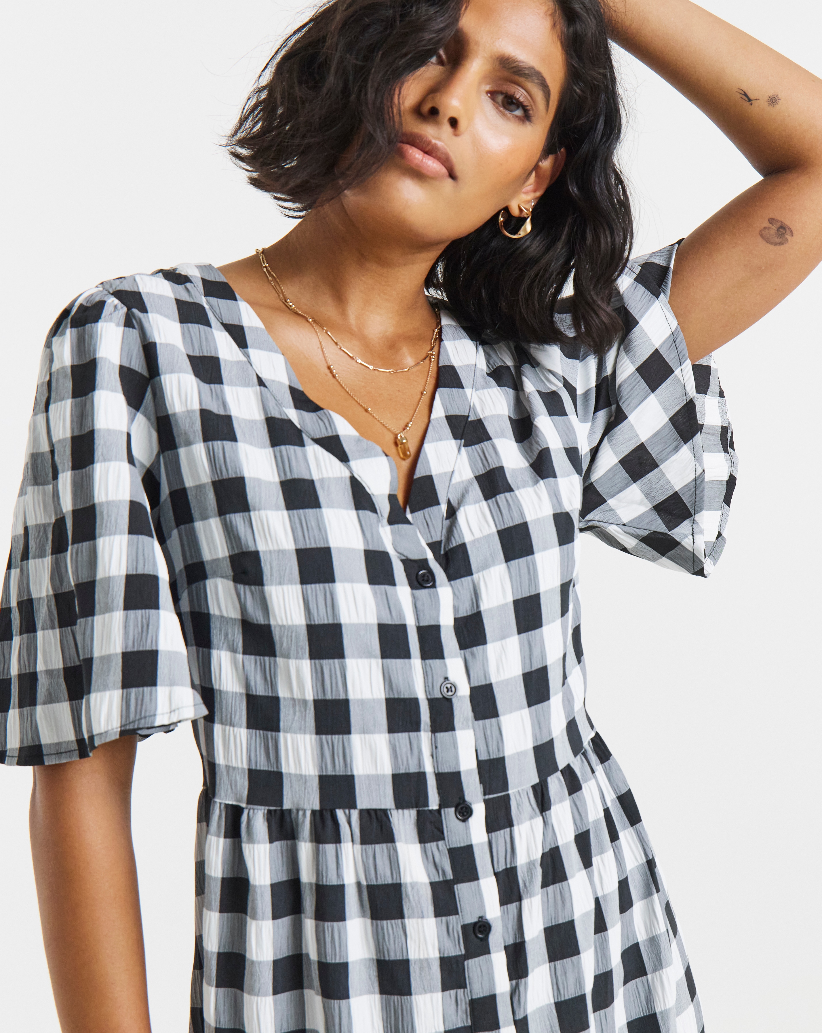 ワンピース HLT Classic Monochrome Check Midi Dress Simply Be Mono Check Gingham Button Up Midi Dress | Simply Be
