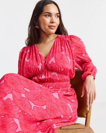 Pink Floral Printed Shirred Waist Detail Midi Dress