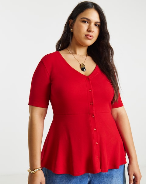Simply Be Red Button Through Peplum Top