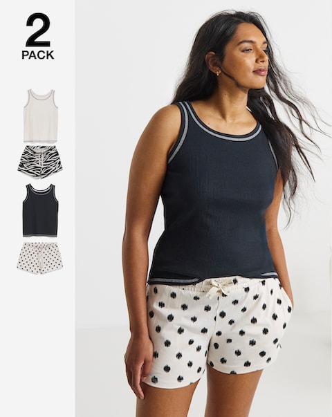 Simply Be (2 Pack) Ribbed Vest Pyjama Shortie Sets